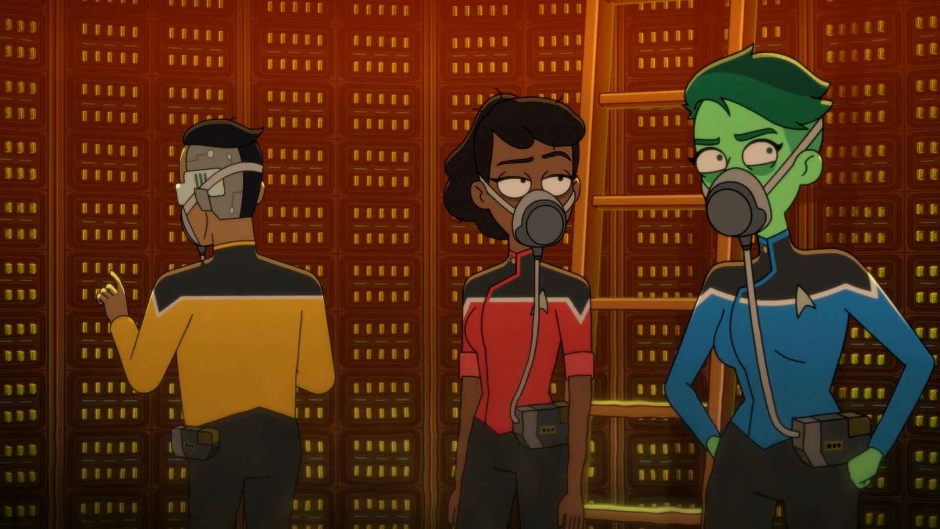 Exhausted and annoyed, Rutherford, Mariner, and Tendi painstakingly scan each chip in the Isolinear Junction room while wearing oxygen masks in 'In the Cradle of Vexilon'