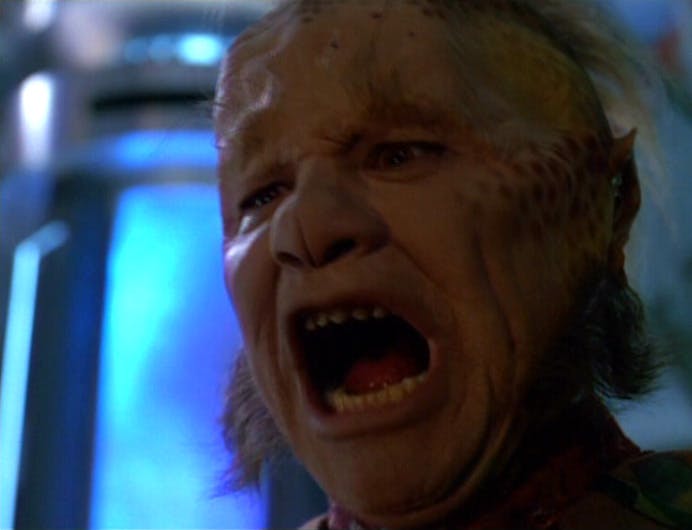 A Bothan taking on the appearance of Neelix shouts in a rage at Kes in 'Persistence of Vision'