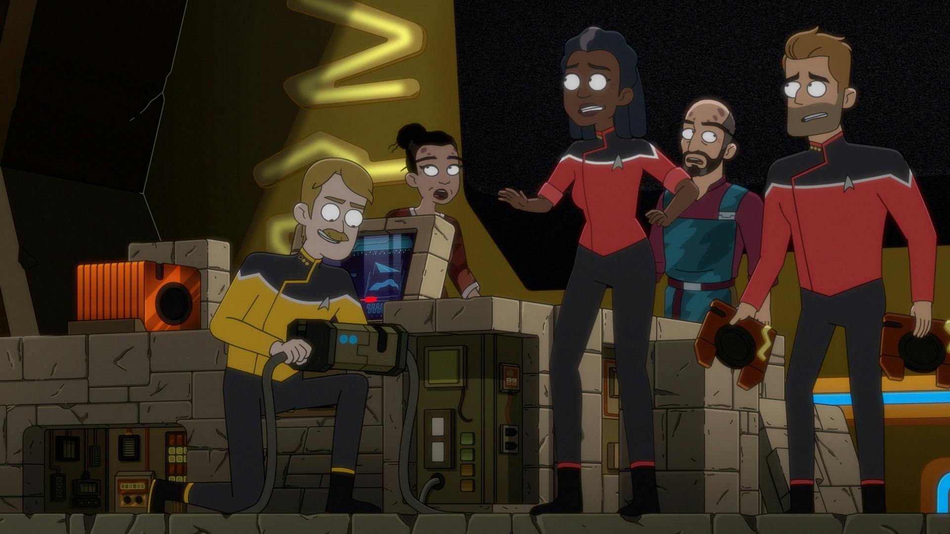 In the Vexilon's Temple, Billups kneels down next to the control panel and assesses the controls and power as two Corazonians and Freeman and Ransom express unease of the state of the planet around them in 'In the Cradle of Vexilon'