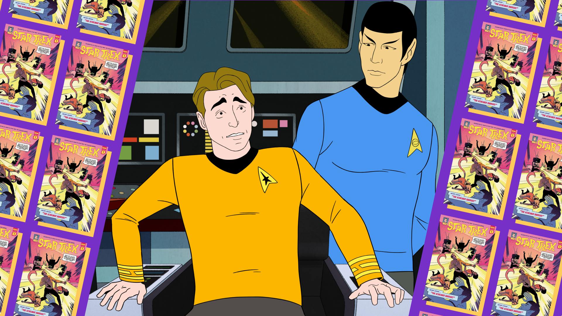 Illustrated banner featuring a still of Captain and Spock from Star Trek: very Short Treks' 'Skin A Cat' and Star Trek: The Animated Celebration Presents The Scheimer Barrier #1