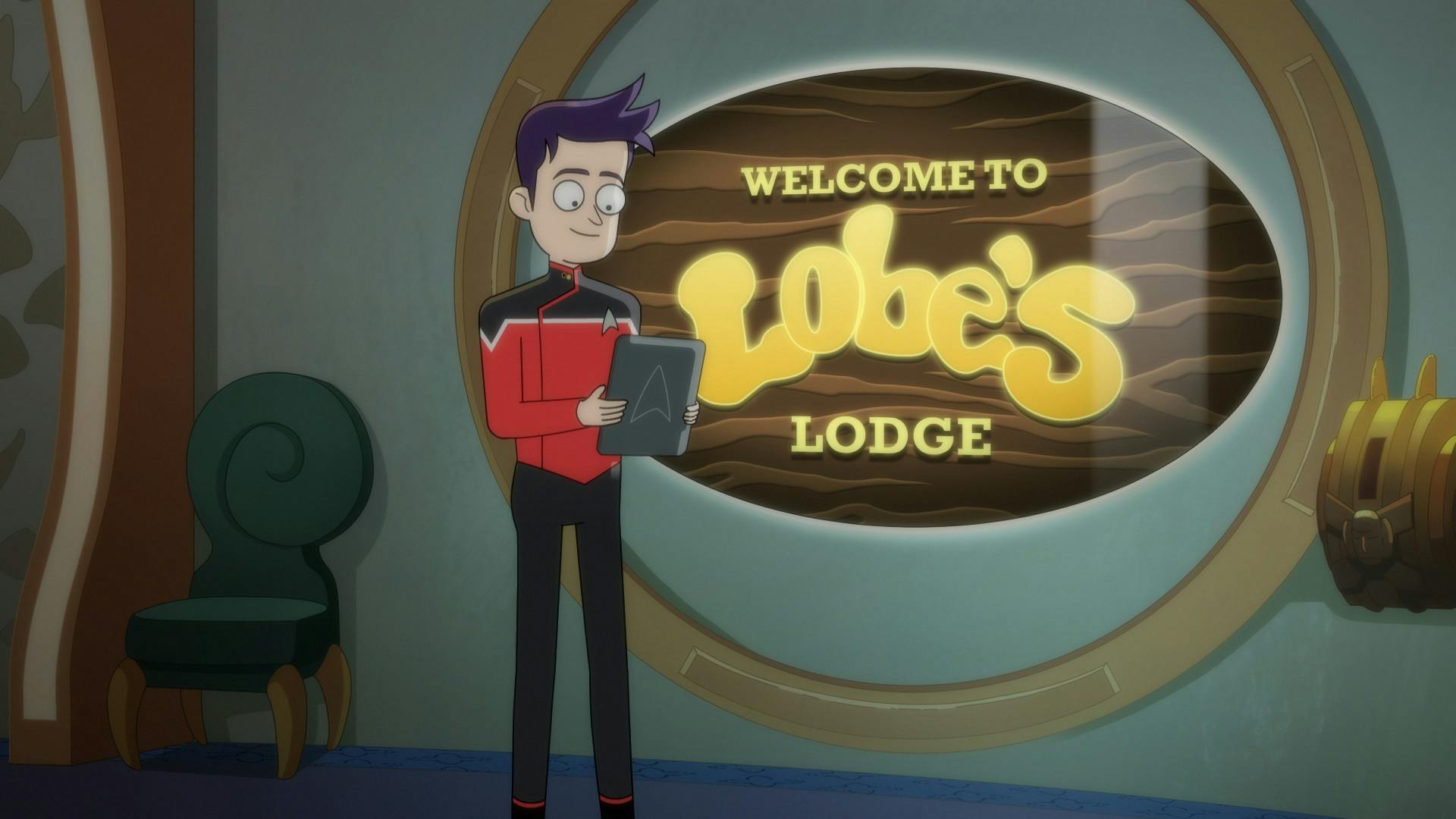 Boimler walks into his hotel room on Ferenginar while holding his PADD in 'Parth Ferengi's Heart Place'