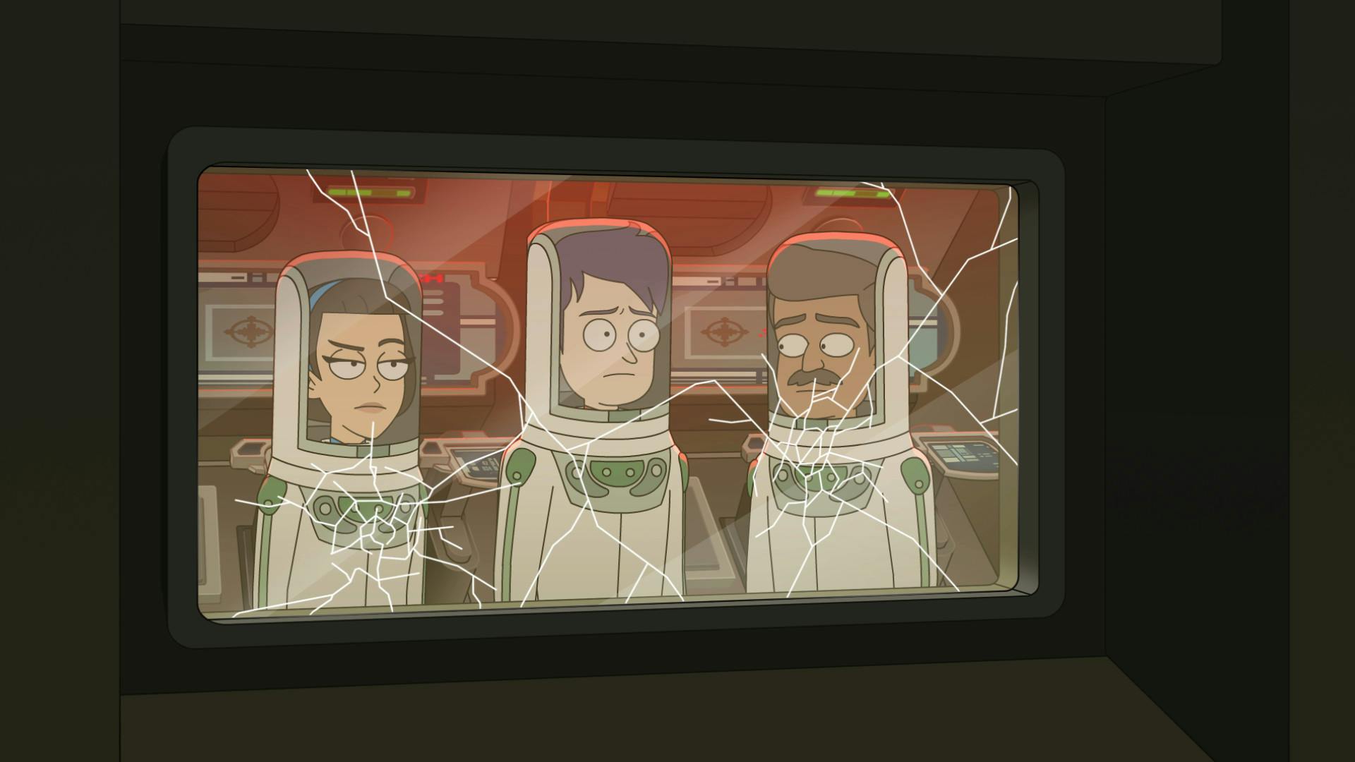 T'Lyn, Boimler, and a local all wearing their anti venom suit look out a cracked glass window