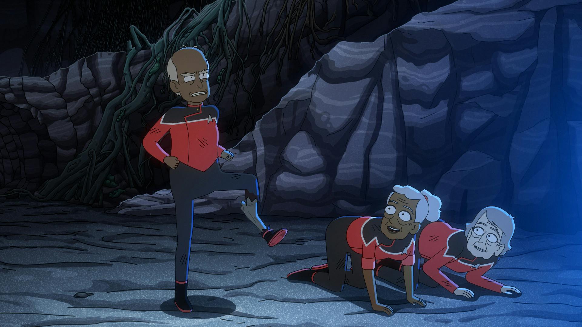 As the aged Mariner and Karavitas fall to their knees due to their old age and exhaustion, Asif advances forward while they cheer him on. He also ages with his broken leg healing at a painful crooked angle in 'Caves'