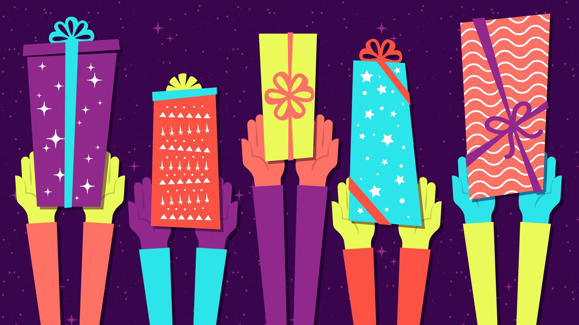 Illustration of five pairs of hands extending out gifts