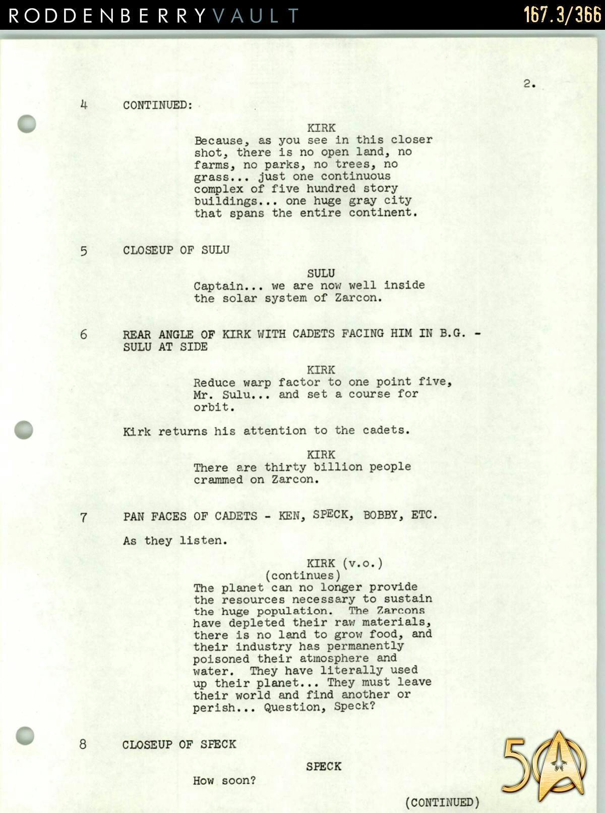 From the Roddenberry 366 Vault - The Animated Series - (unproduced) 'No Space to Grow and No Place to Go' script written by Don Sandburg