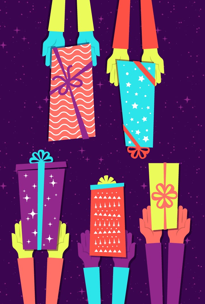 Illustration of five pairs of hands extending out gifts