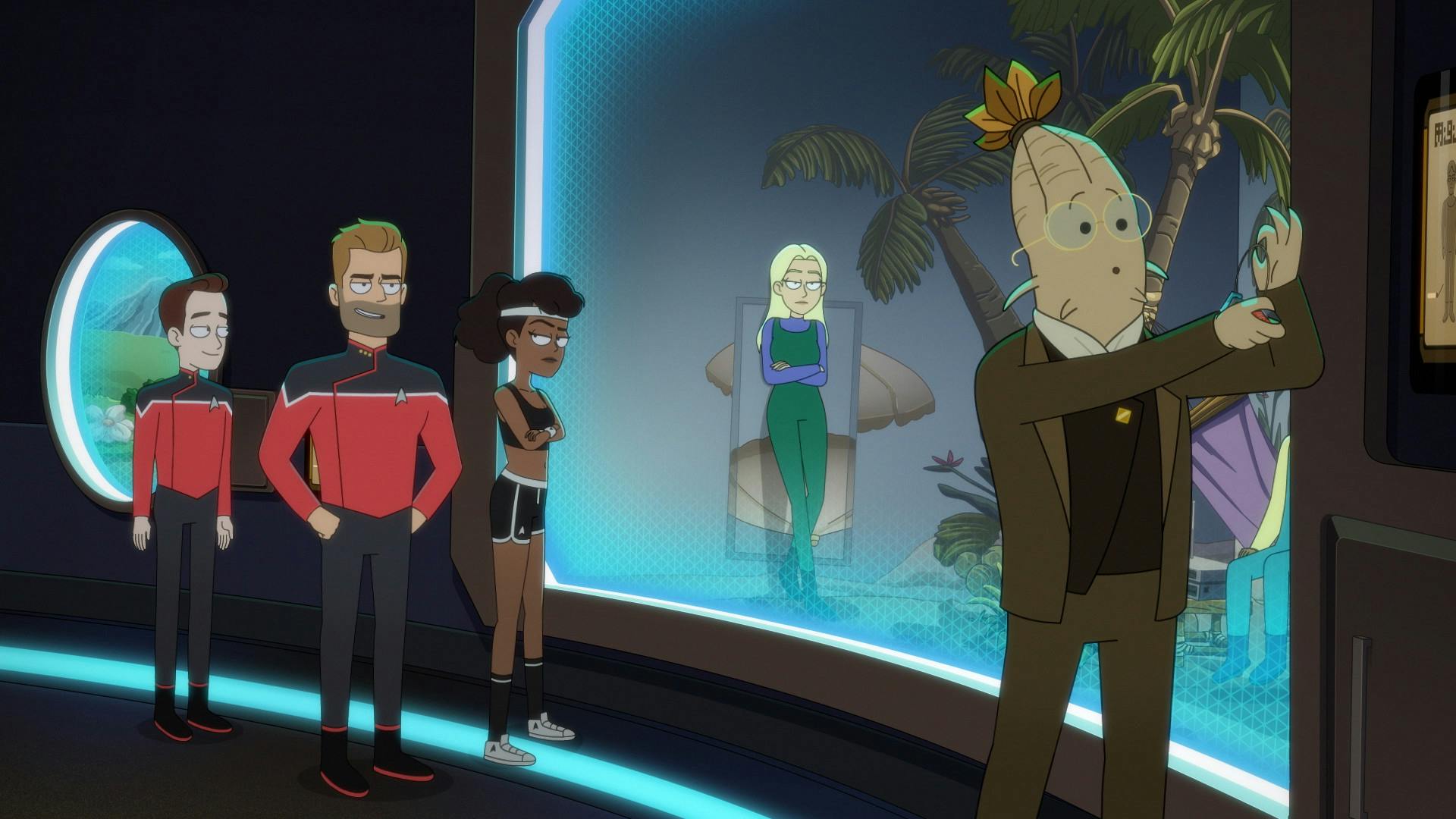 Narj shows Starfleet officers Gary, Jack Ransom, and Mariner around the menagerie as they stop in front of the humans exhibit in 'I Have No Bones Yet I Must Flee'