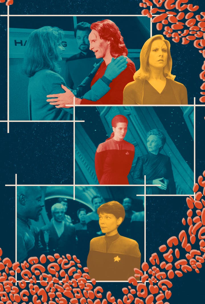 Illustrated collage featuring Trill spots and episodic stills of Trill-centric Star Trek episodes