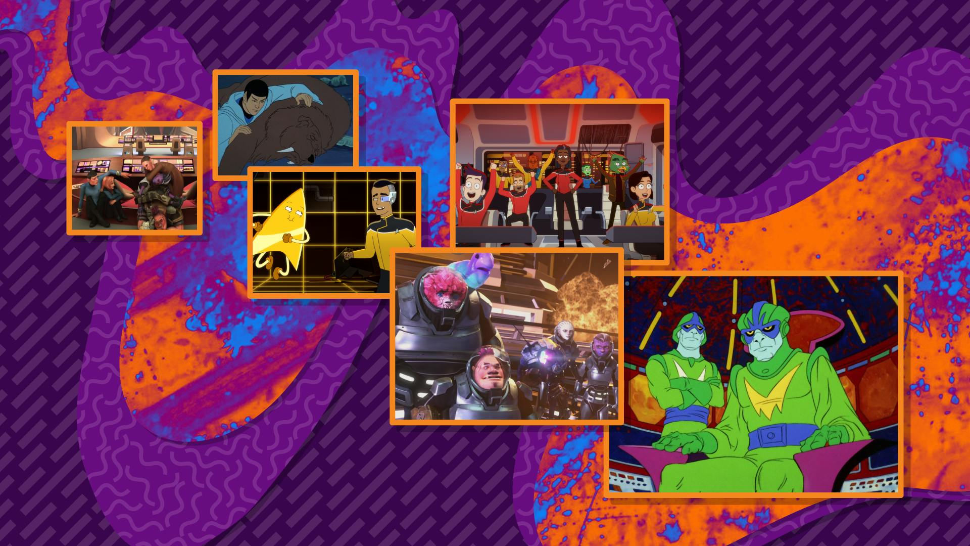 Illustrated banner featuring episodic stills across Star Trek's animated series like The Animated Series, Lower Decks, and Prodigy
