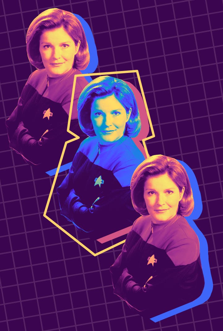 Stylized and filtered photo of a repeating series of Captain Janeway with her arms crossed