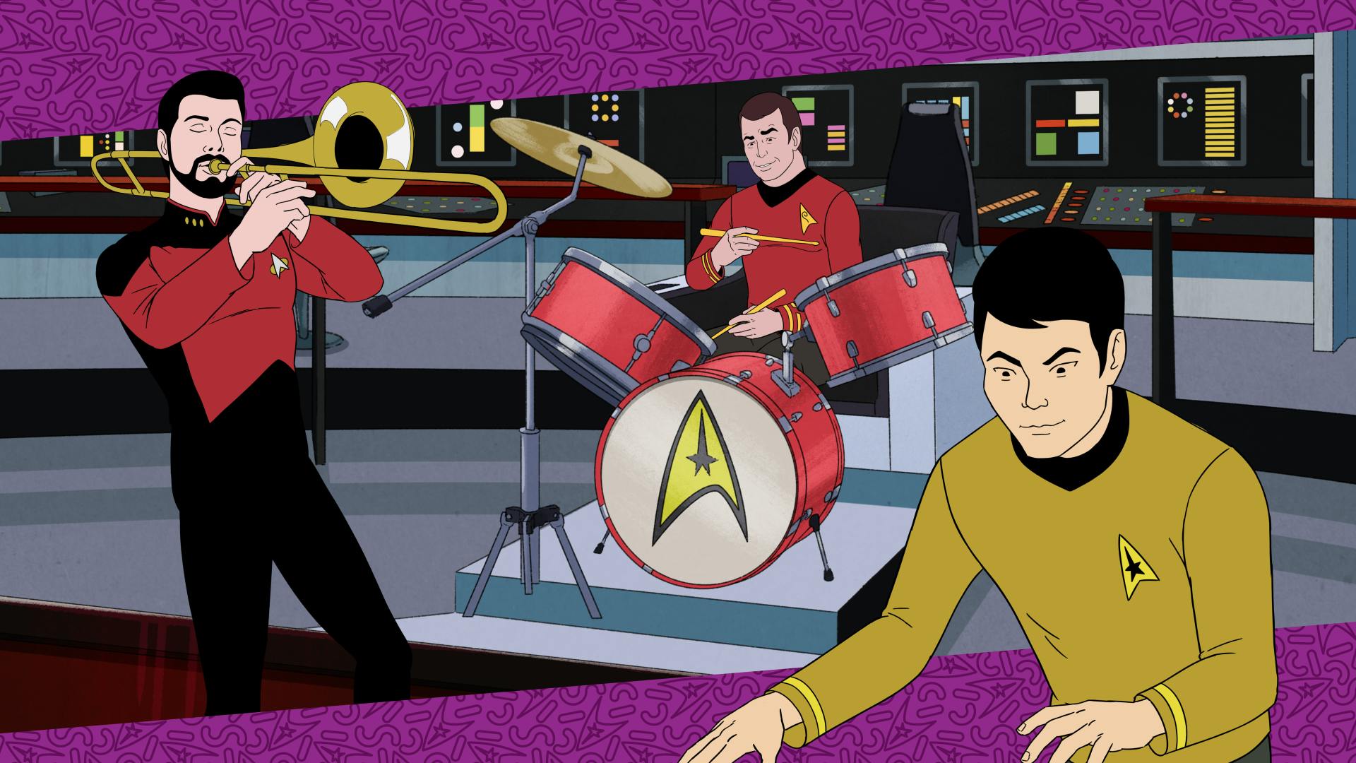 An episodic still of Star Trek: very Short Treks' 'Walk, Don't Run' with Riker on the trombone, Scotty on the drums, and Sulu on the keyboard on the bridge of the Enterprise