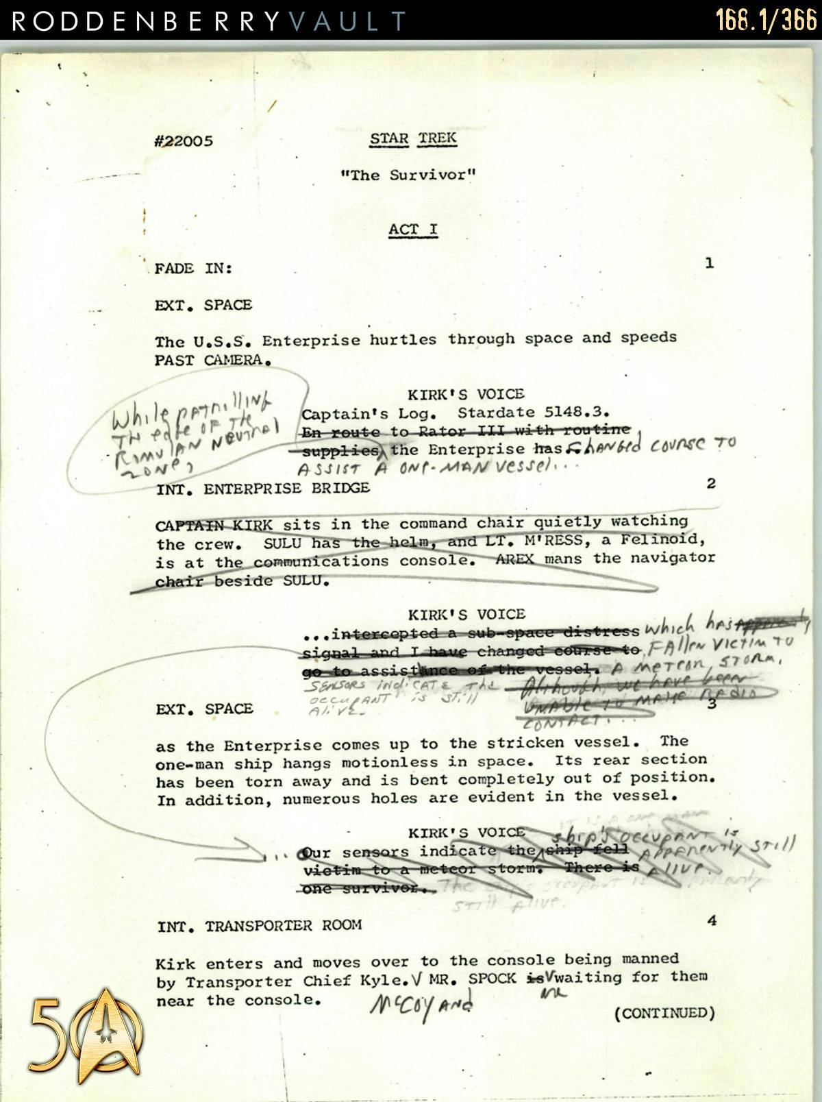 From the Roddenberry 366 Vault - The Animated Series - 'The Survivor' script with notes from Gene Roddenberry