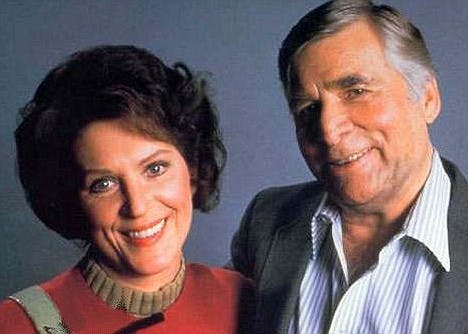 Majel Barrett-Roddenberry and Gene Roddenberry stand side-by-side for a portrait