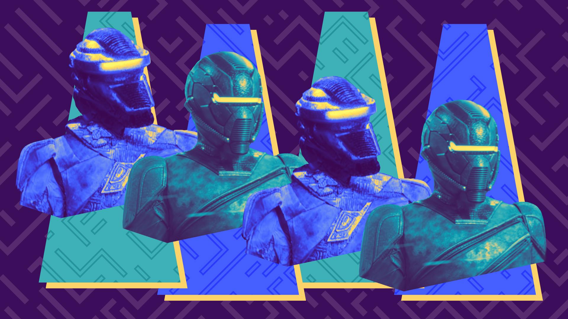 Stylized and filtered repeating images of Breen soldiers