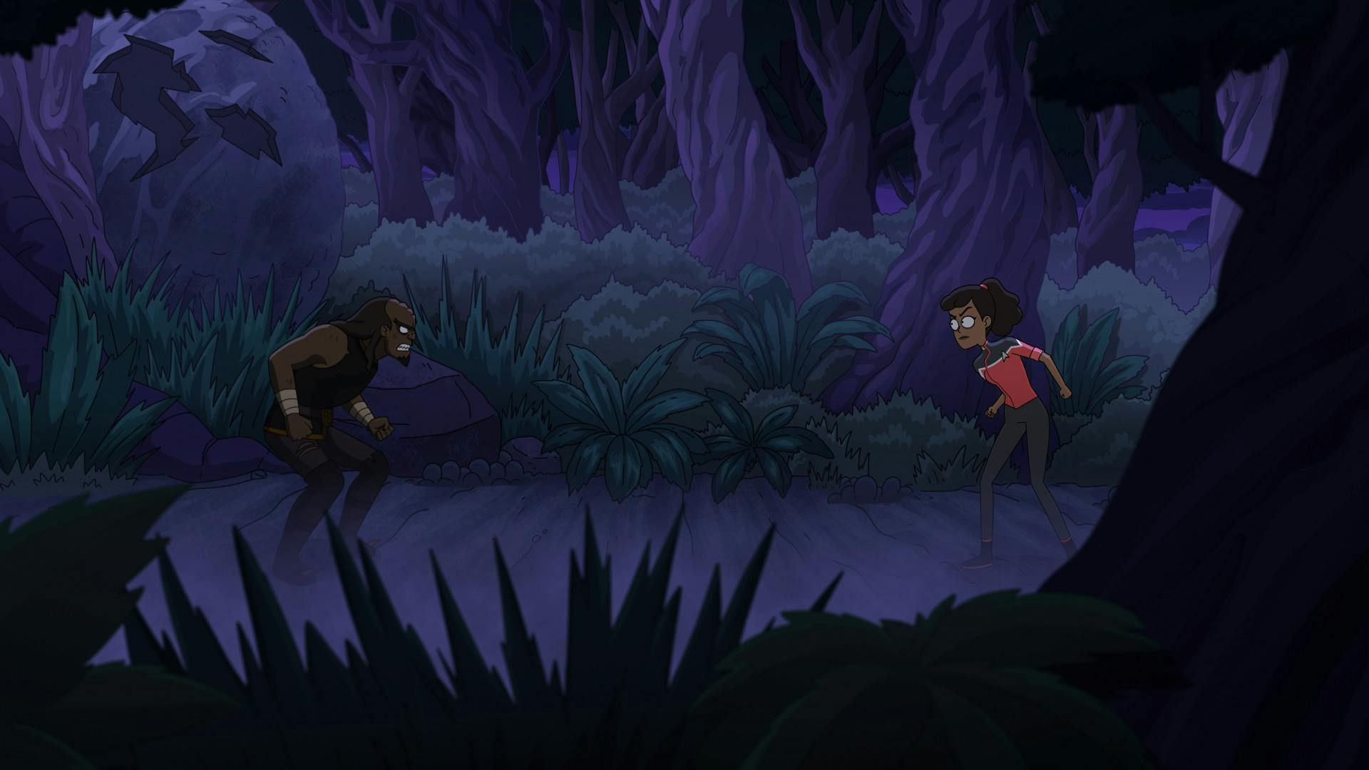 While both are marooned on Sherbal V, the Klingon Ma'ah and Mariner stand across from each other at night preparing to battle each other in 'The Inner Fight'