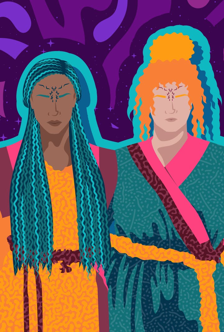Graphic illustration of Burnham and Tilly side by side, disguised as Halem'no natives, in 'Whistlespeak'