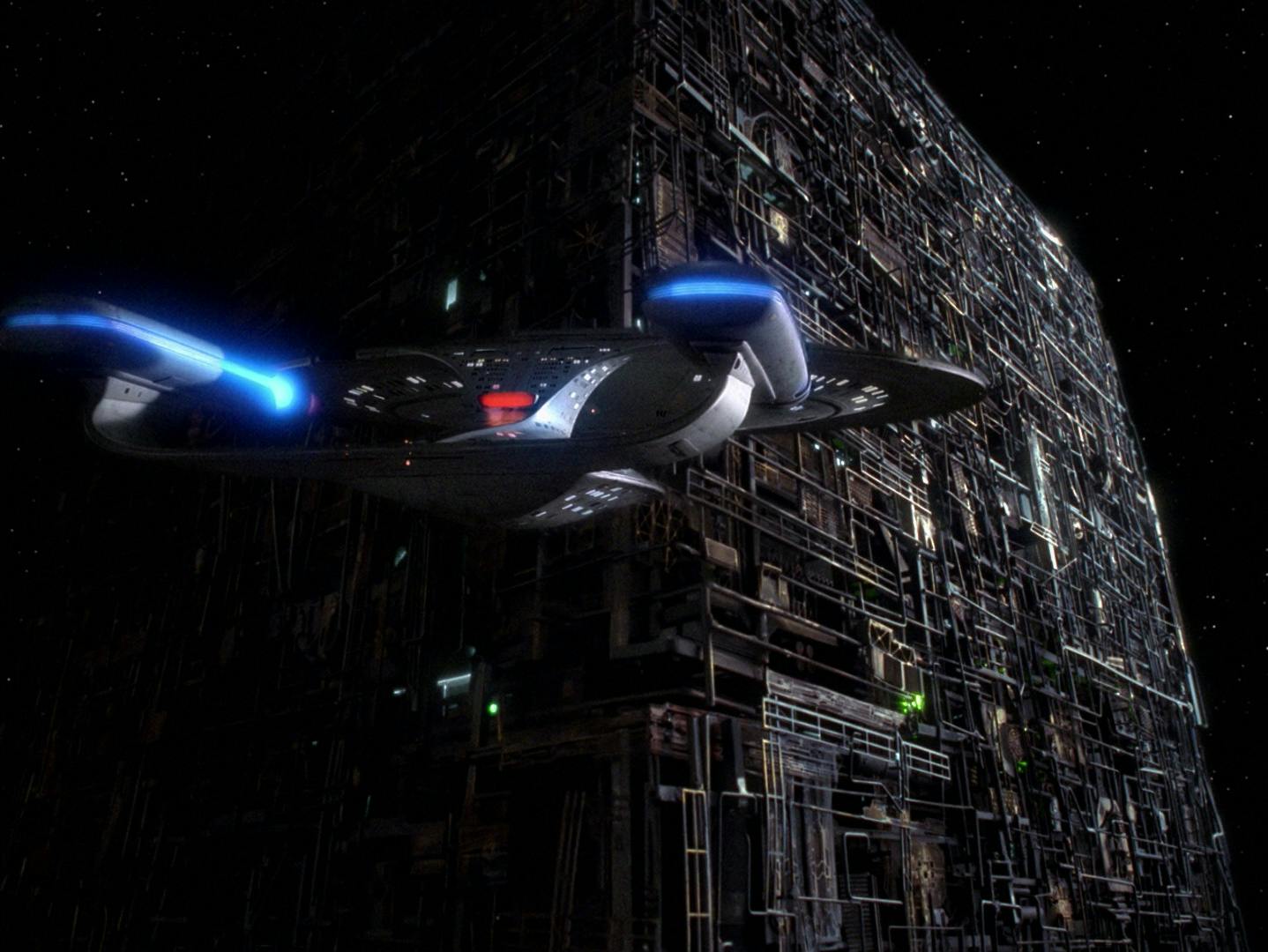 The Enterprise-D approaches the Borg Cube in 'The Best of Both Worlds, Part I'