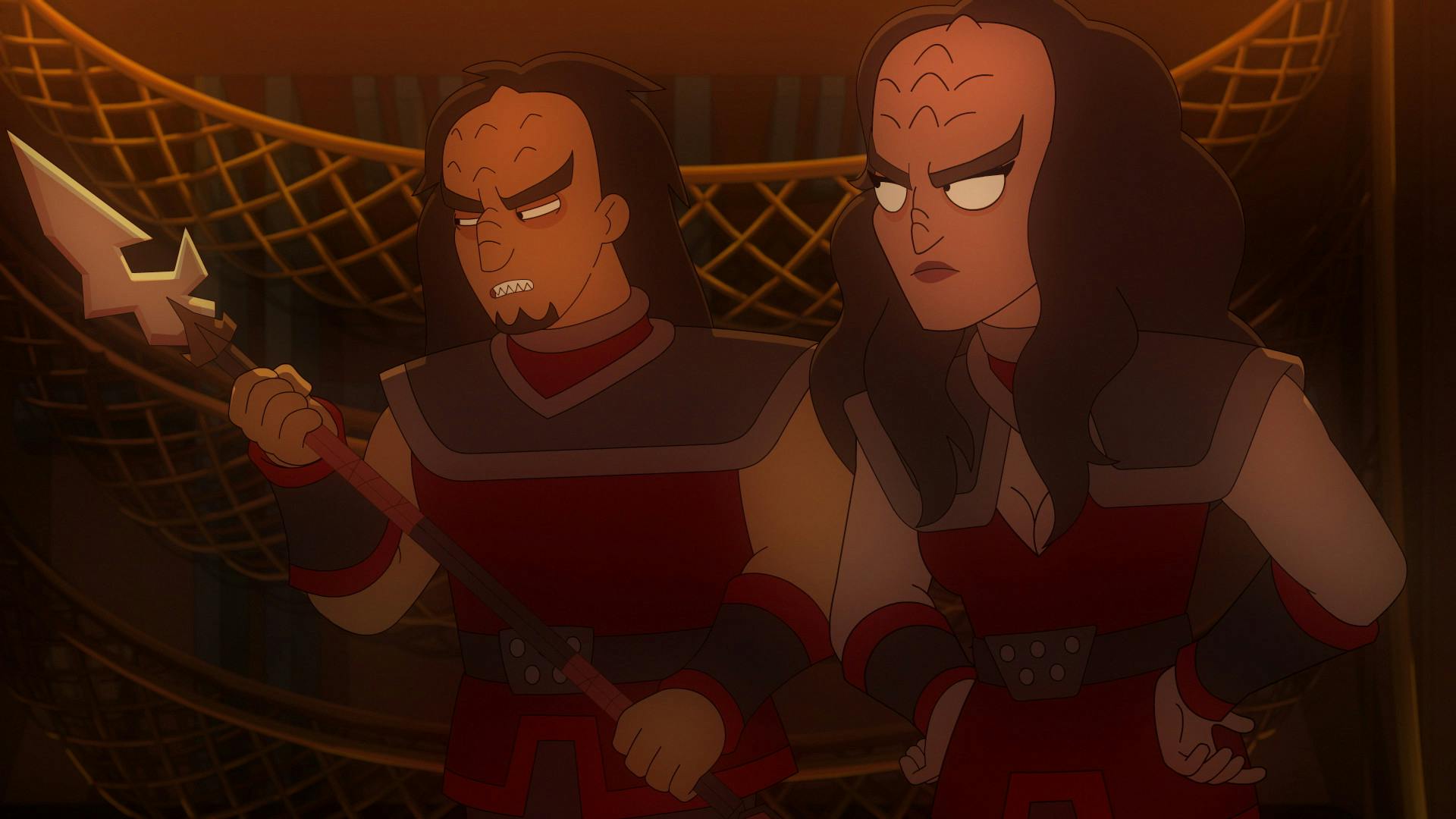 Two Klingons standing in defense, as seen on Star Trek: Lower Decks 401 'Twovix'