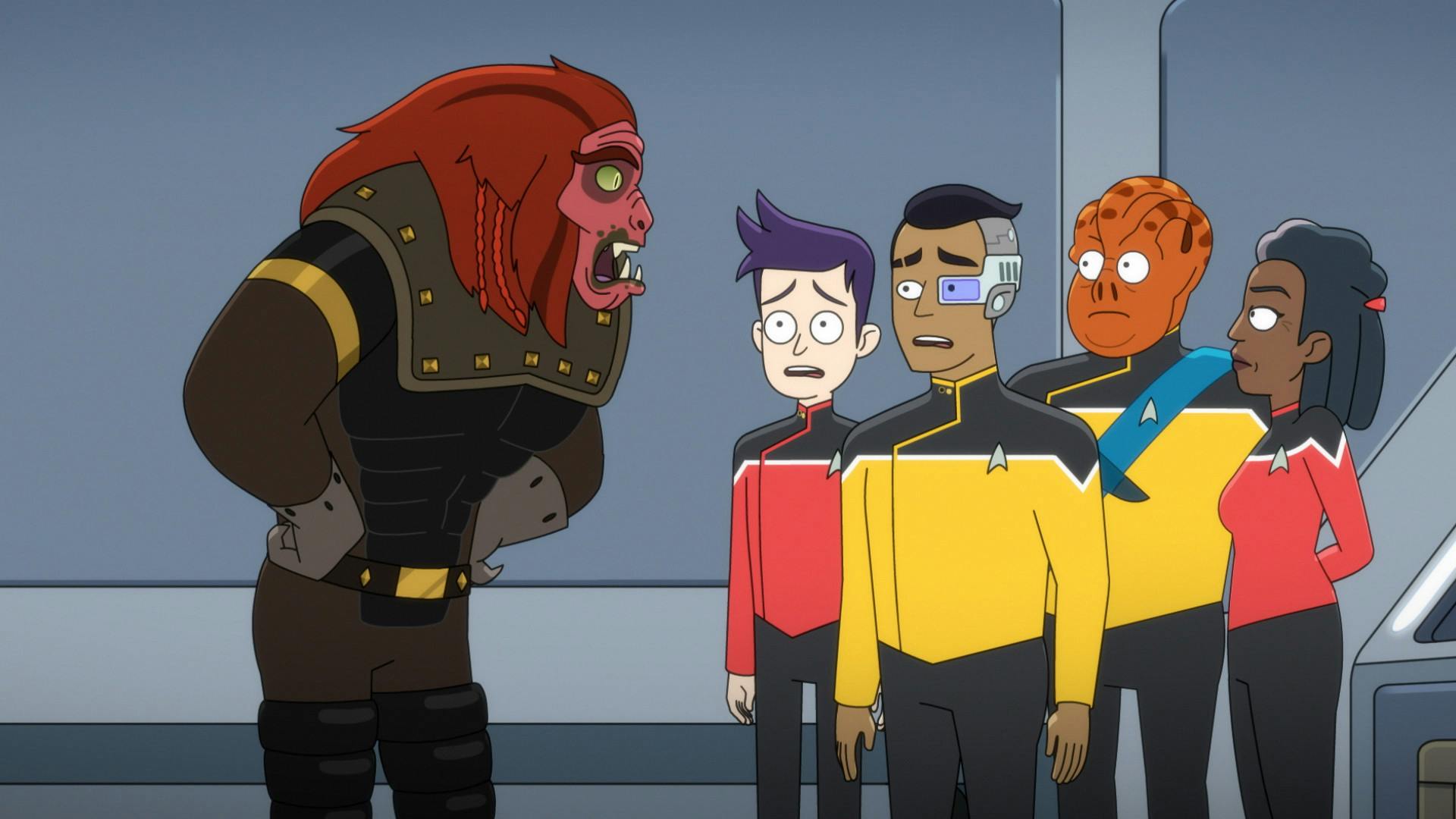 The beastly Chalnoth Coqquor, with his hands on his hips, screams at the nervous Boimler and Rutherford, and expressionless Freeman and Kayshon in 'Something Borrowed, Something Green'