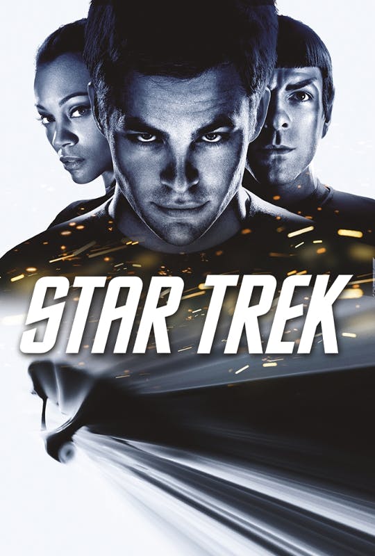 Poster art for the movie Star Trek 2009 showing James T. Kirk in front of Spock and Uhura with the U.S.S. Enterprise a blurred streak underneath the Star Trek logo