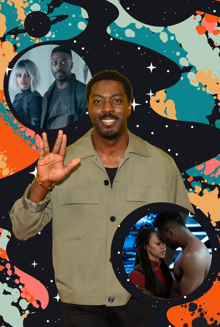 Graphic illustration featuring a collage of actor David Ajala and episodic stills of Cleveland 'Book' Booker with Michael Burnham from 'Face the Strange' and Book with Moll in 'Mirrors'