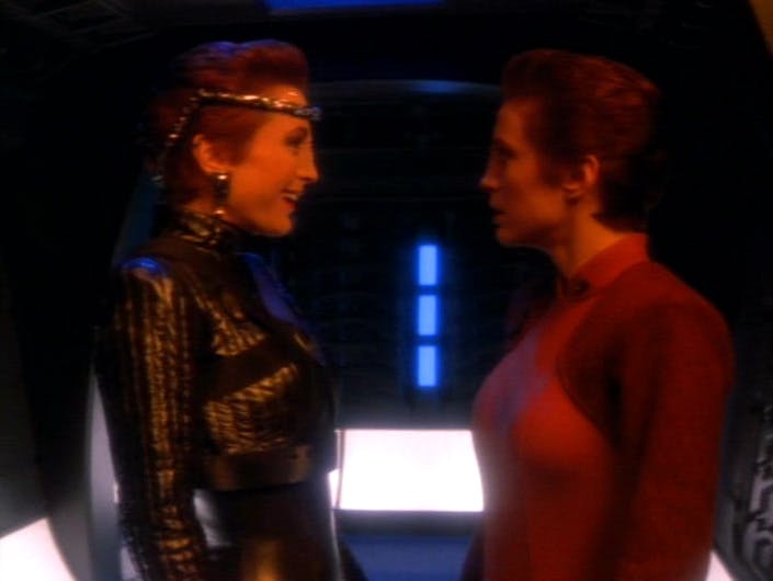 Intendant Kira and Major Kira Nerys stand face-to-face in 'Crossover'