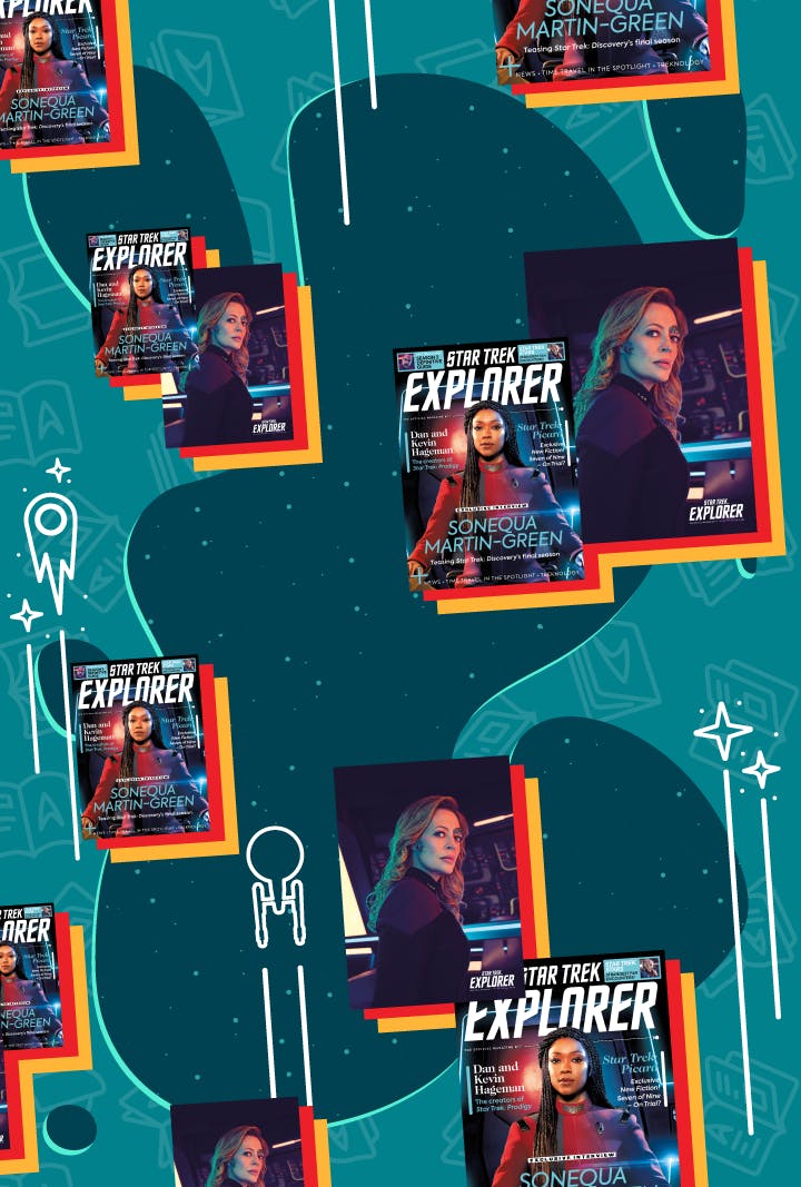 Graphic illustration featuring the newsstand and exclusive cover of Star Trek Explorer #11