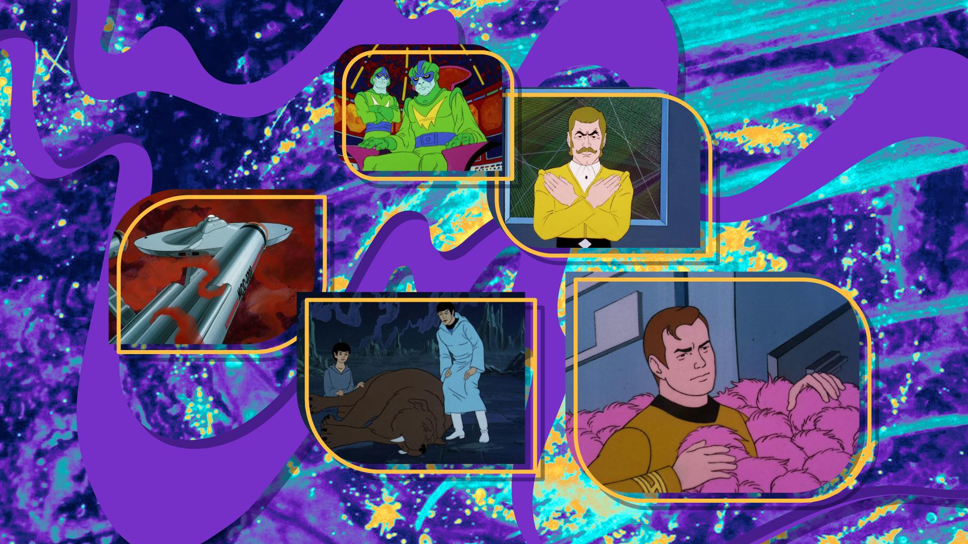 Textured illustrative background featuring a collage of episodic stills from Star Trek: The Animated Series