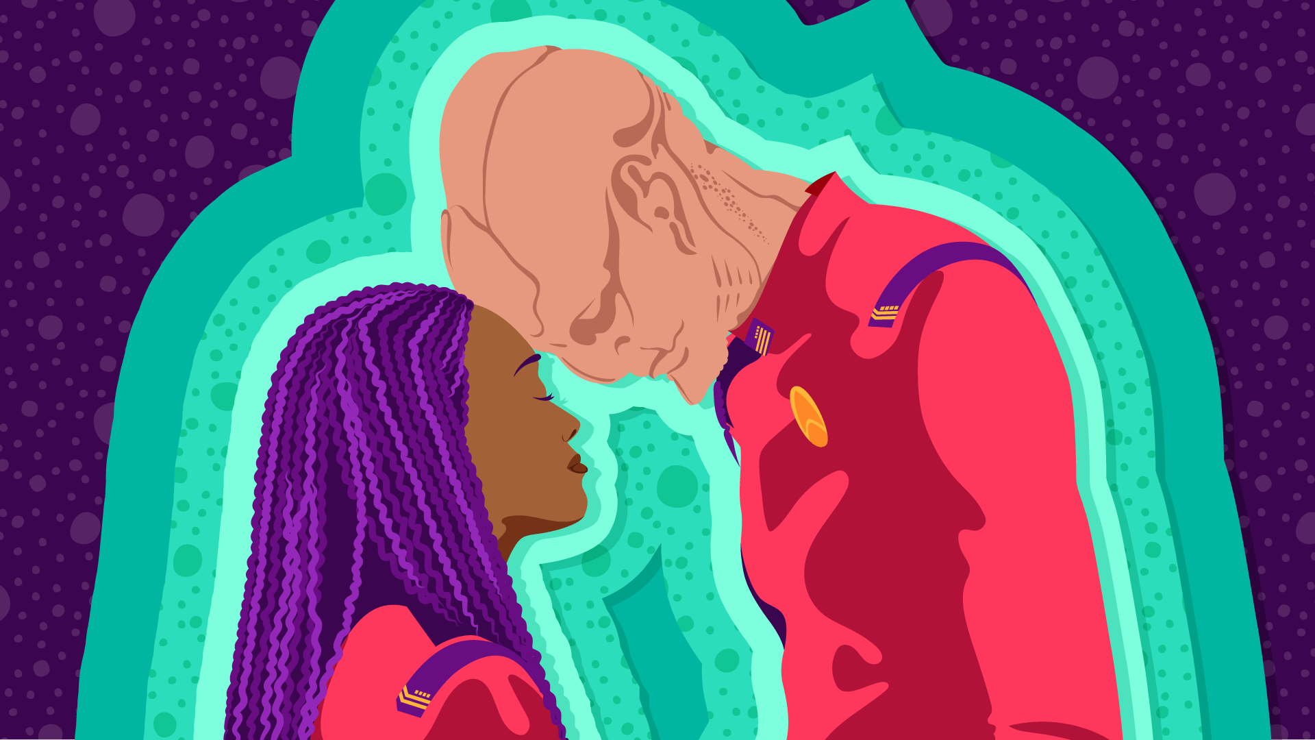 Graphic illustration of a tender moment between friends where Michael Burnham and Saru tap their foreheads in 'Under the Twin Moons'