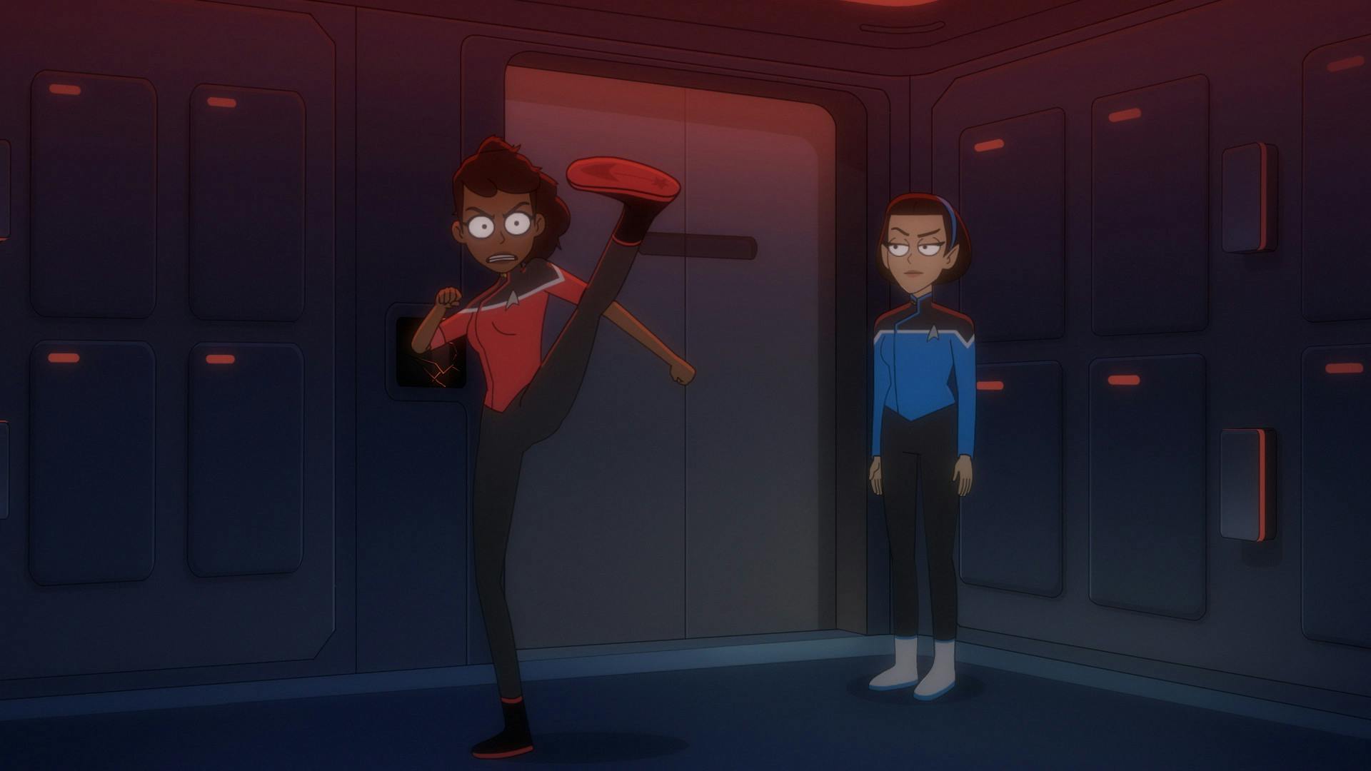 In the Cerritos storage closet, Mariner vents her frustration with a roundhouse kick in front of T'Lyn in 'Empathalogical Fallacies'