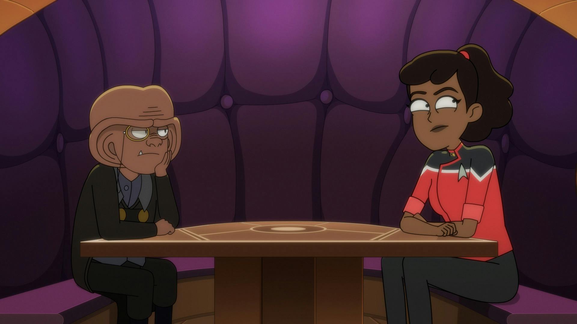 Quimp, unenthusiastically, rests his face on his hand while looking across Mariner in a plush purple booth in 'Parth Ferengi's Heart Place'