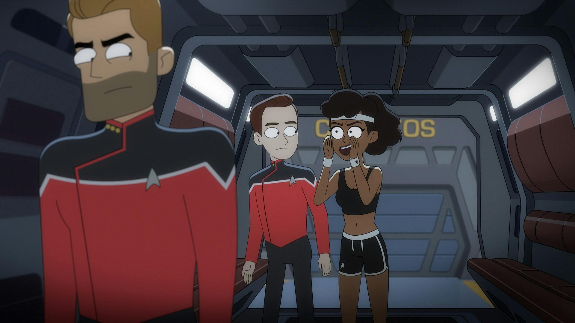 Mariner in her workout gear, standing next to Gary, shouting at Ransom who is in front of them, as seen in Star Trek: Lower Decks 402 'I Have No Bones Yet I Must Flee'