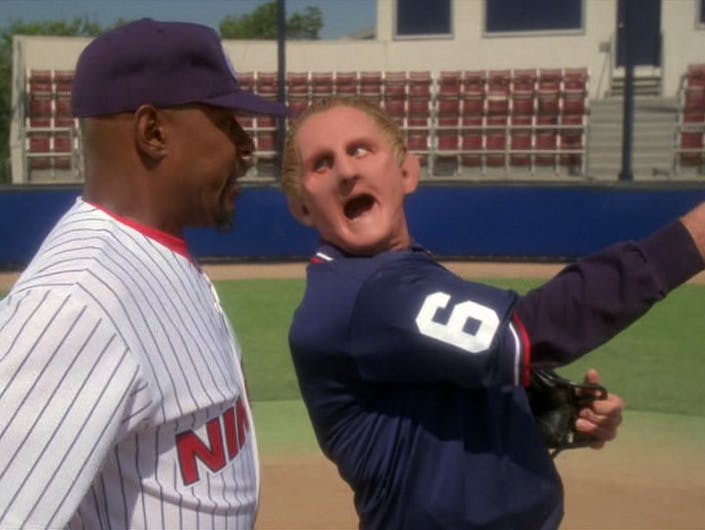 Odo as ump for the Niners vs Logicians game yells and kicks Ben Sisko out of the game and off the field in 'Take Me Out to the Holosuite'