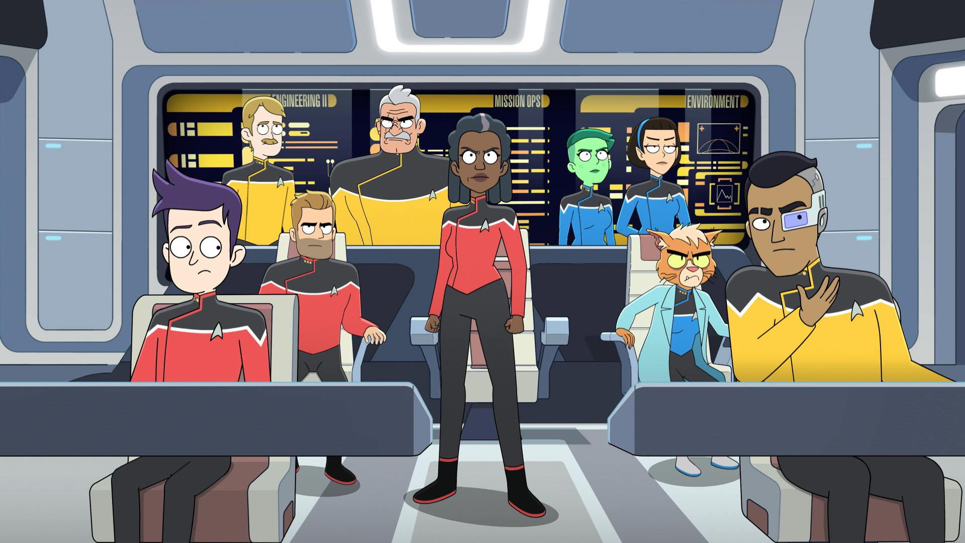 Aboard the Cerritos bridge, Boimler and Rutherford sit at the helm and tactical. Freeman stands in front of the captain's chair as Ransom and Dr. T'Ana flank her on each side, while Tendi and T'Lyn stand in the back along with Billups and Shaxs in 'Old Friends, New Planets'