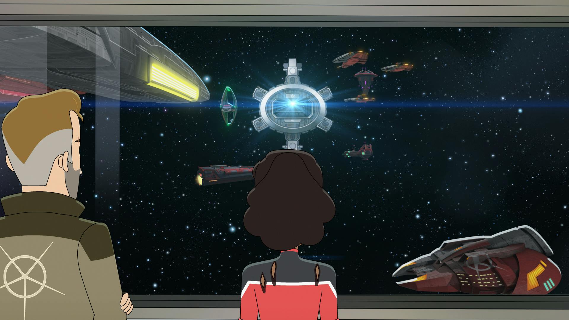 On Nick Locarno's ship, Mariner stands next to him as they look out the viewscreen