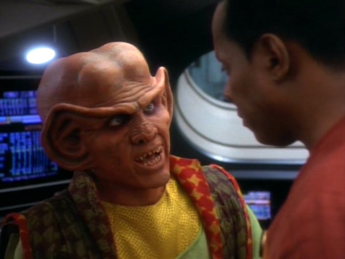 Aboard Sisko's shuttlecraft, Quark crashes in his leisurewear inviting himself on the Sisko's father-son trip as a chaperone to his nephew Nog in 'The Jem'Hadar'