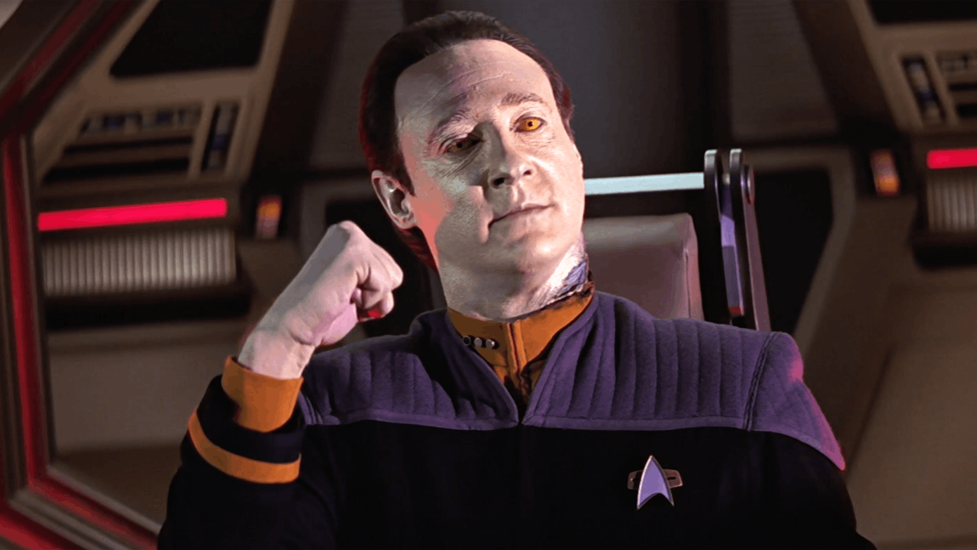Data singing, with his fist in the air in Star Trek: Insurrection