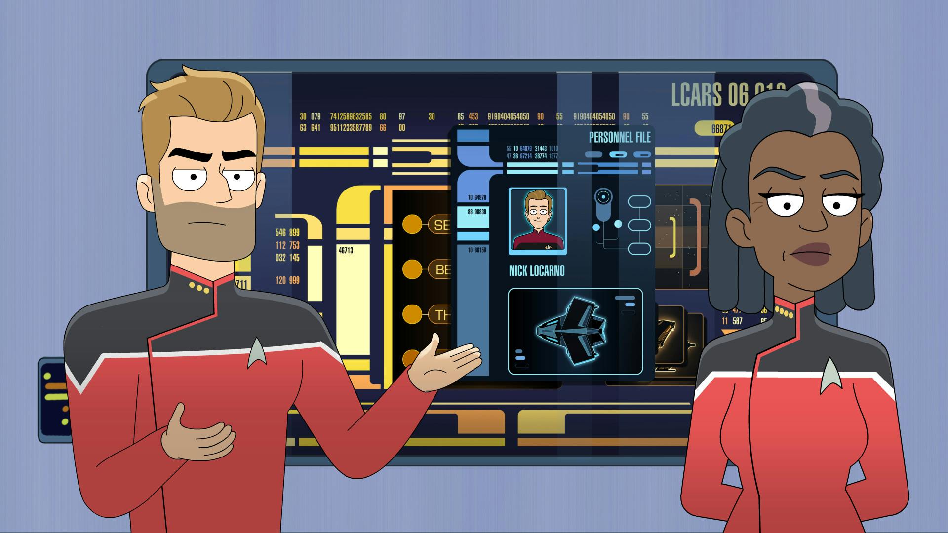 Ransom and Captain Freeman debriefs the conference room as a photo and personnel file for Nick Locarno appears behind them on the LCARS in 'The Inner Fight'