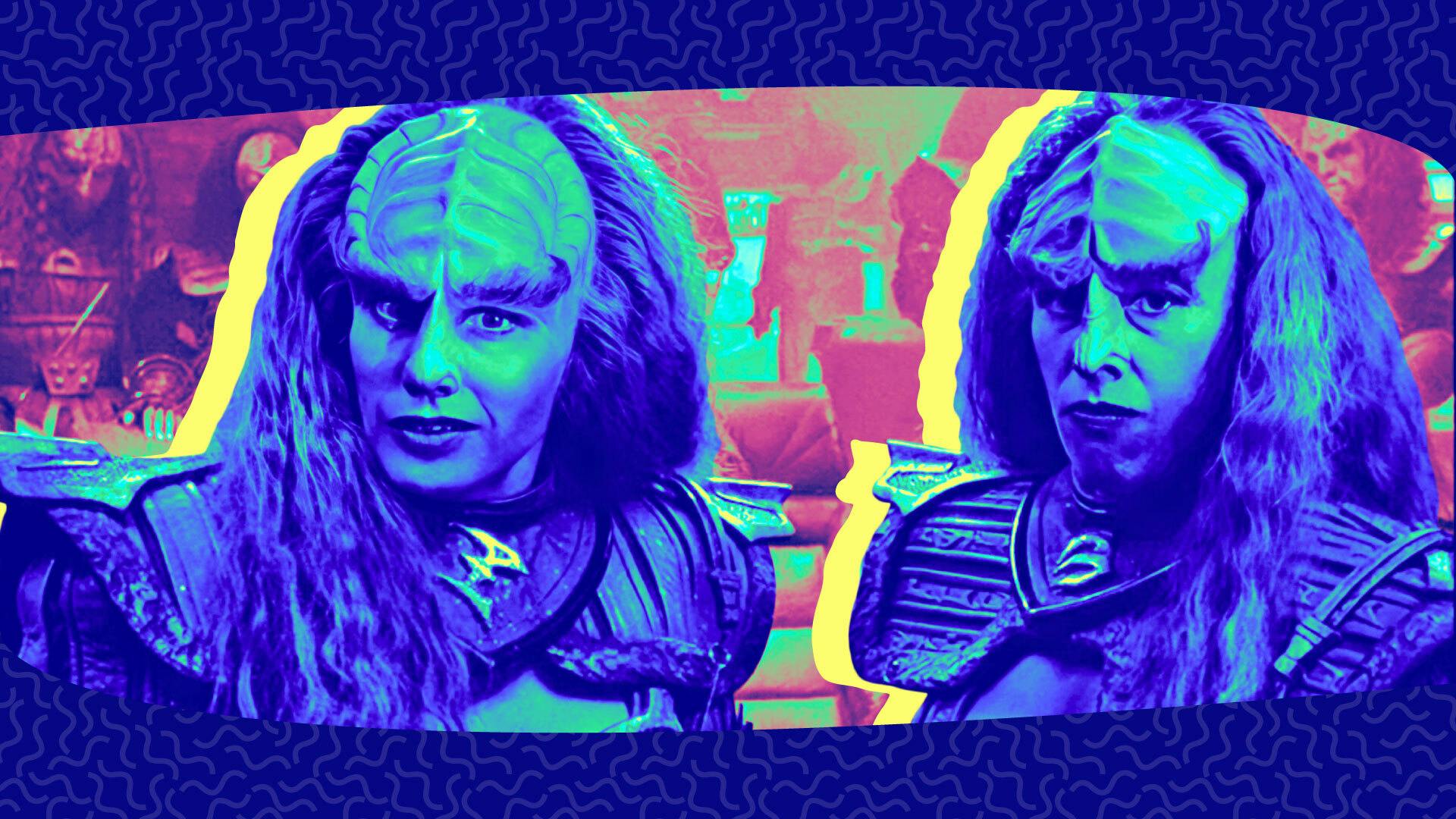 Illustrated banner featuring the Duras sisters, Lursa and B'Etor