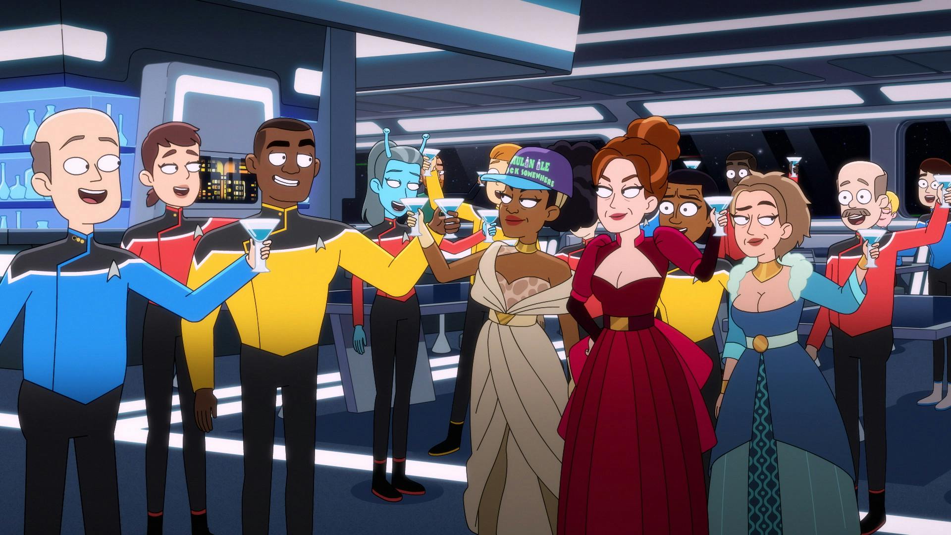 In the Cerritos' mess, the ship's officers celebrate, welcoming their three Betazoid guests (Katrot, Dolorex, and Cathiw) in the center all raising their glasses to them in 'Empathalogical Fallacies'