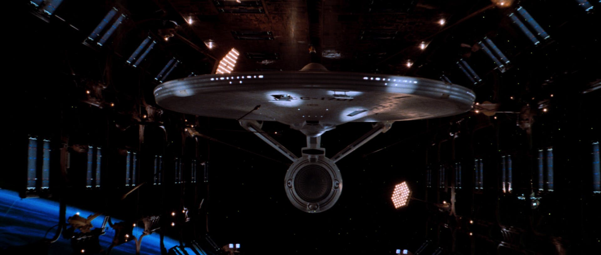 The first shot of the newly retrofitted U.S.S Enterprise stationed in dry dock in Star Trek: The Motion Picture