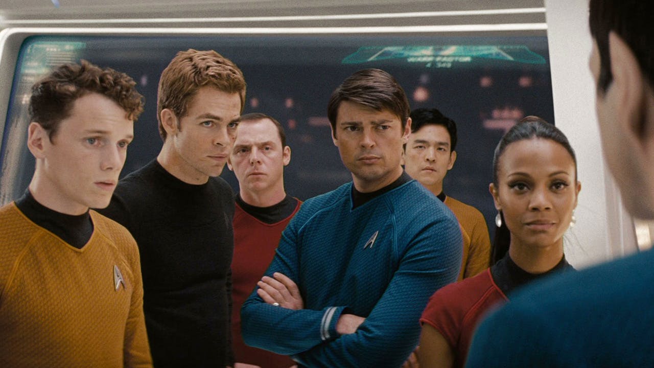 On the bridge of the Enterprise, Chekov, Kirk, Scotty, Bones, Sulu, and Uhura all turn to face Spock in Star Trek (2009)