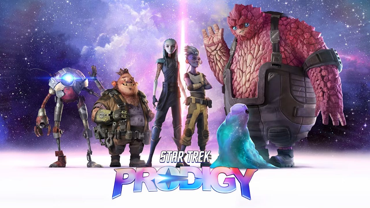 Star Trek: Prodigy group promo photo featuring Zero, Jankom Pog, Gwyndala, Dal R'El, Rok-Tahk, and Murf