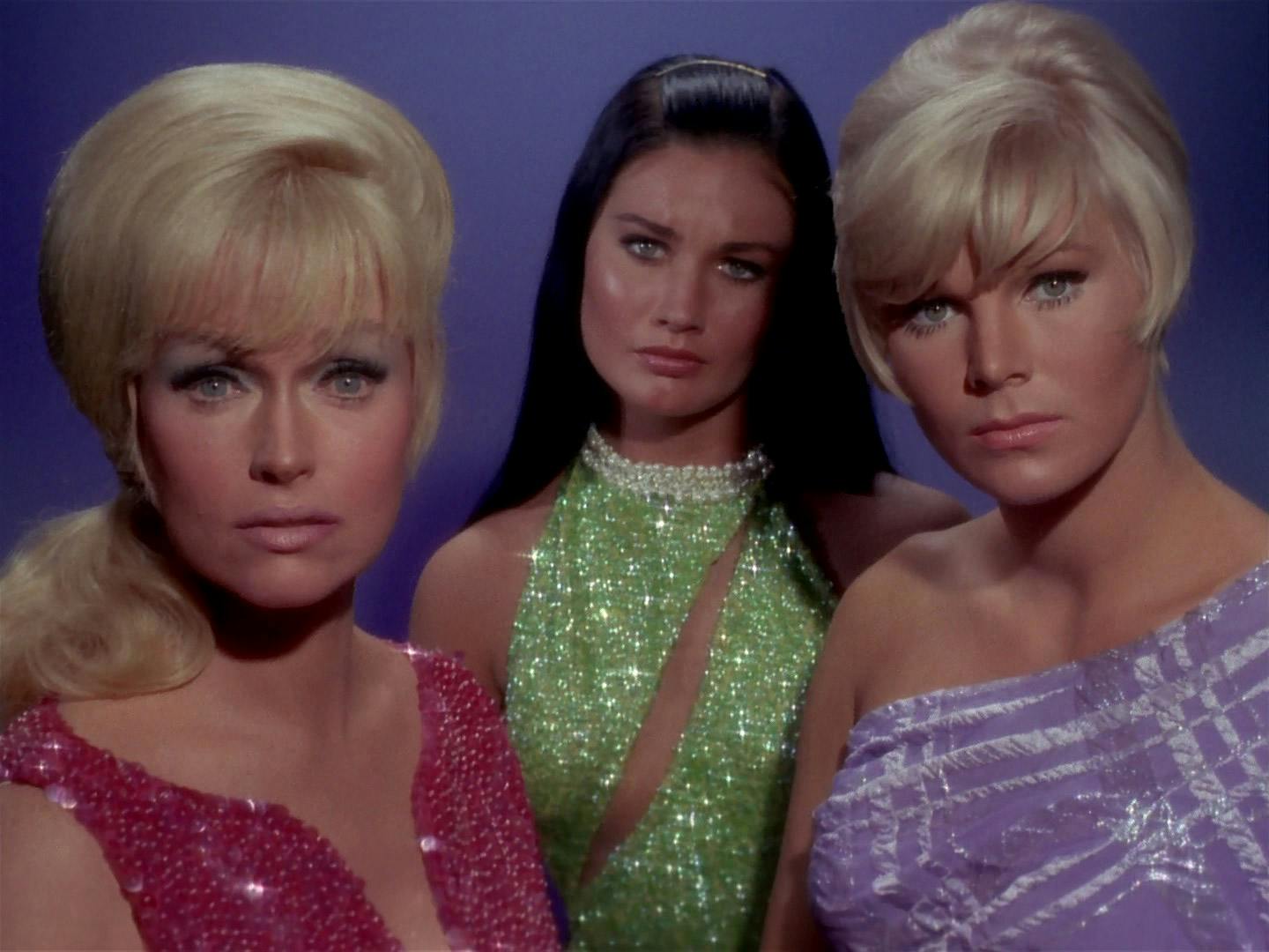 Eve McHuron, Magda Kovacs, and Ruth Bonaventure are beamed aboard the Enterprise as Harry Mudd's 'cargo,' as he's trafficking them as mail-order brides in 'Mudd's Women'