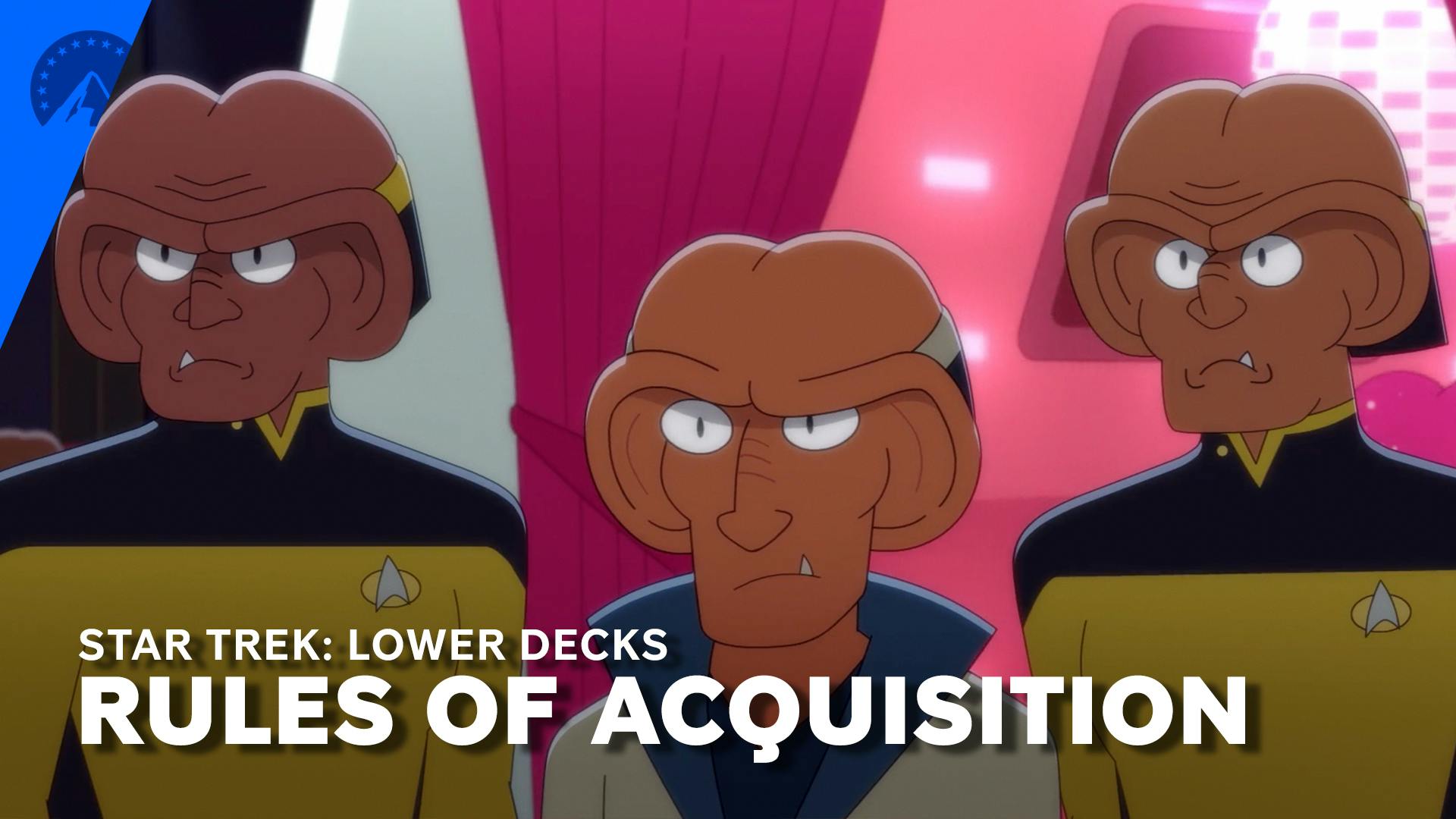 On Ferenginar, three Ferengi (one restaurant host and two servers dressed as Starfleet officers) look ahead at their patrons in 'Parth Ferengi's Heart Place'