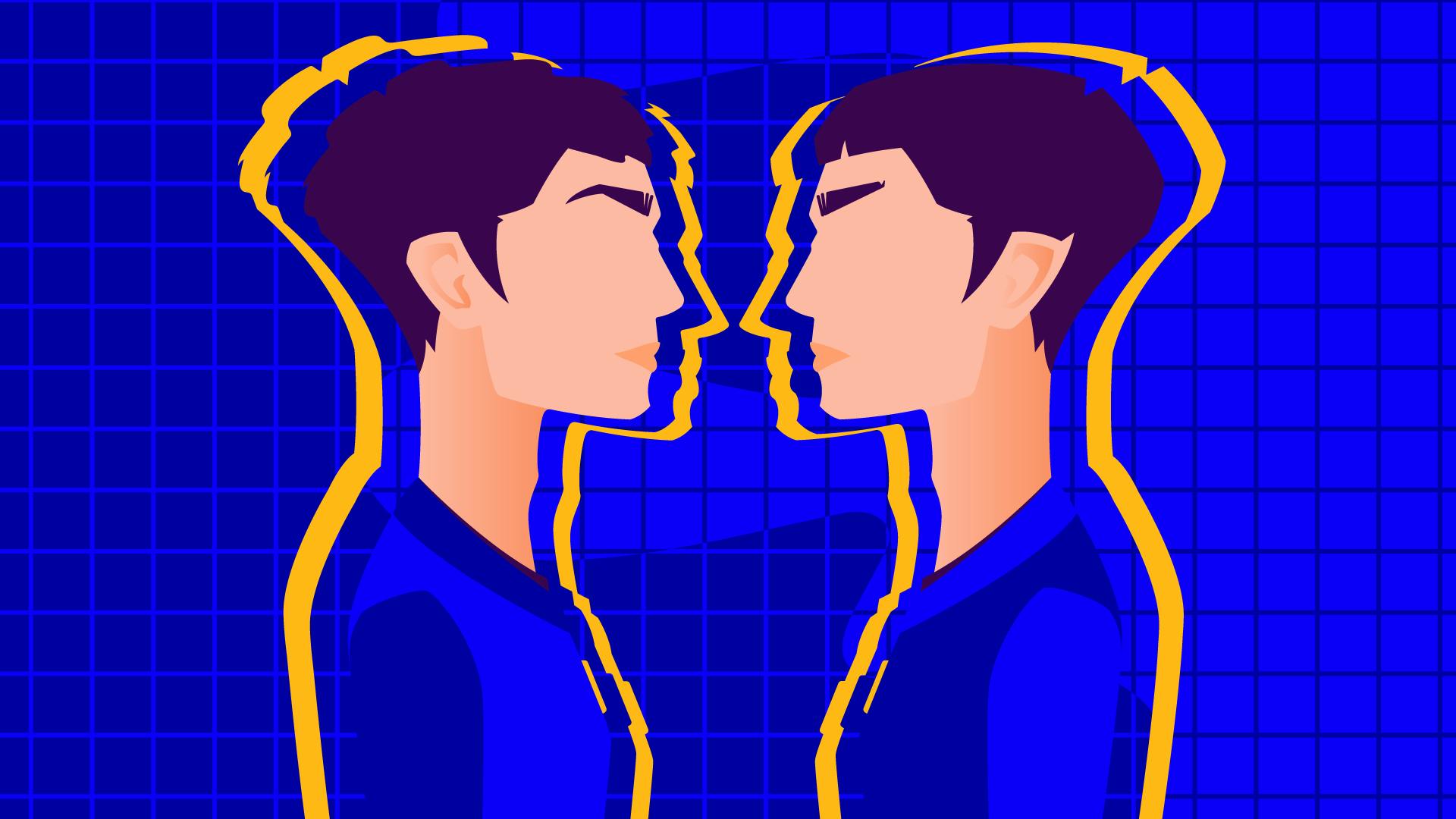 Illustrated graphic of a human version of Spock standing face-to-face with the Vulcan version of Spock