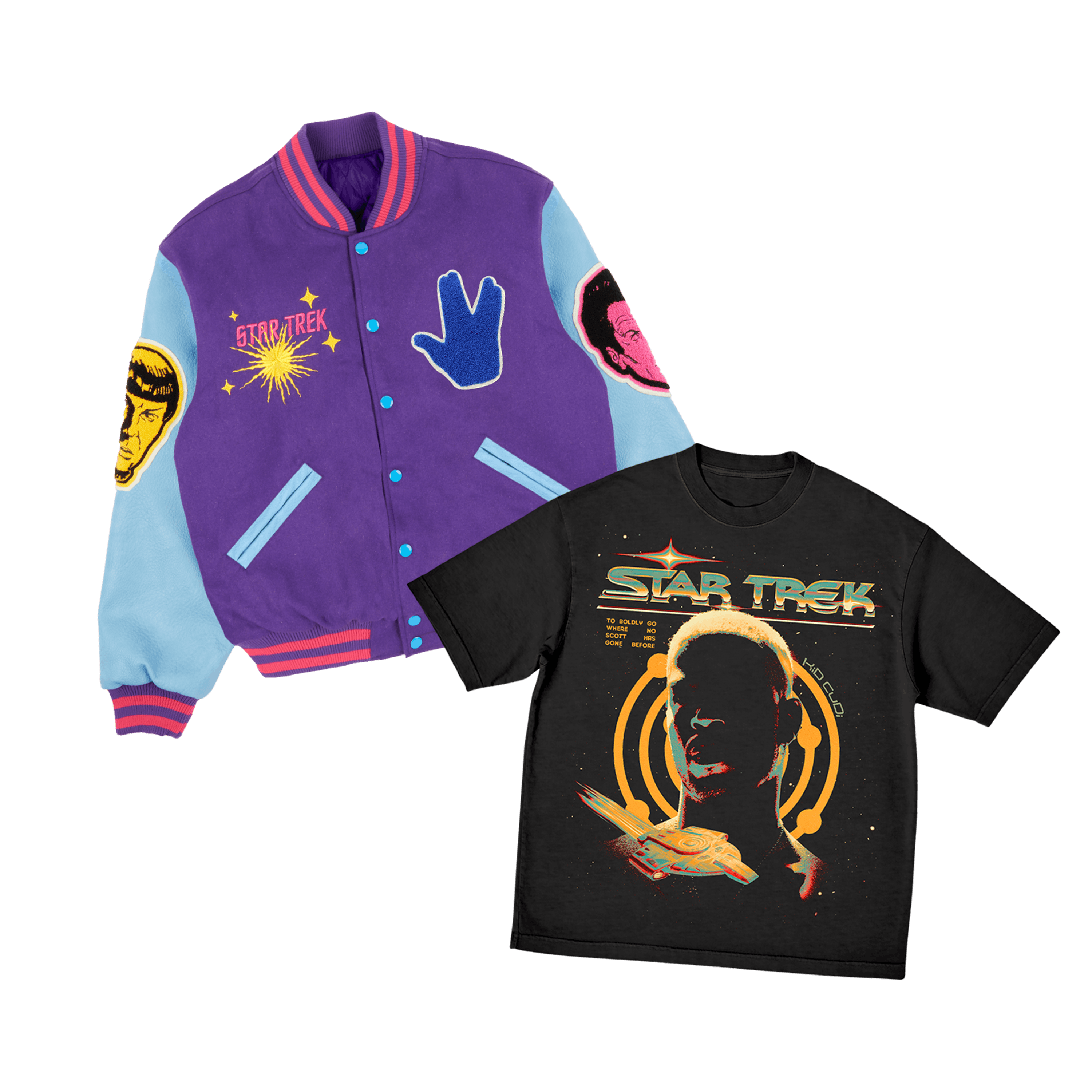Star Trek x Kid Cudi streetwear collection featuring a colorful letterman jacket and a black tee.