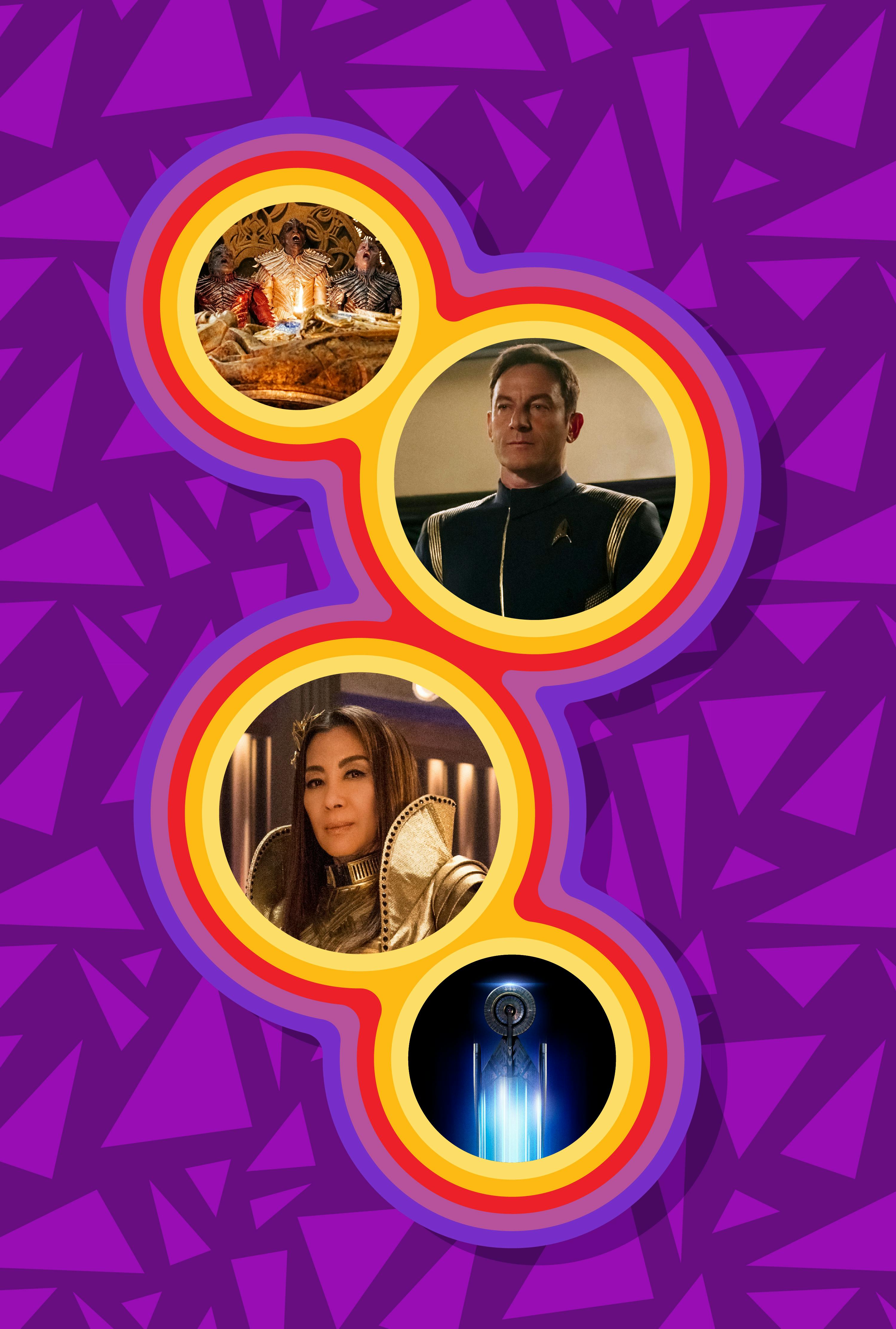 Episodic stills from the first season of Star Trek: Discovery including Klingons and the Sarcophagus, Captain Gabriel Lorca, Mirror Universe Emperor Georgiou, and the U.S.S. Discovery