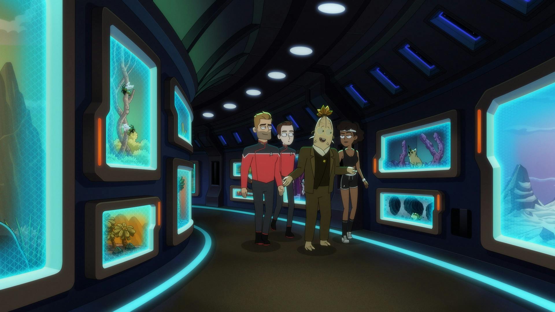 Narj leading Ransom, Gary, and Mariner through a corridor full of creatures, as seen in Star Trek: Lower Decks 402 'I Have No Bones Yet I Must Flee'