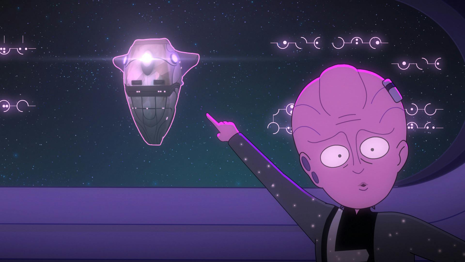 A concerned Bynar points to a mysterious vessel on the viewscreen as it begins to light up in 'A Few Badgeys More'